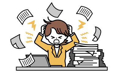書類に追われて混乱する女性会社員のイラスト