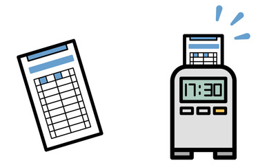 シンプルなタイムカードとタイムレコーダーのアイコンイラスト フラットデザインのかわいい勤怠管理素材