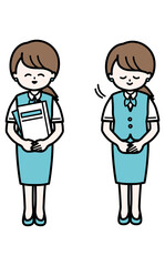 書類を持つ事務スタッフの女性のセットイラストとお辞儀のセット