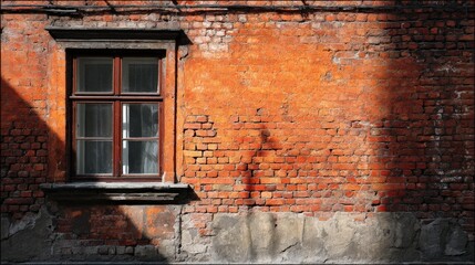 Weathered exterior facade features a rectangular window set into an aged brick wall under bright sunlight
