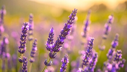 Close-up field of lavender flowers basking in golden sunlight, creating soft bokeh