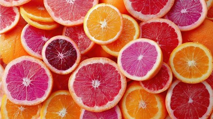 Various citrus fruit slices display vibrant pink, red, and orange interiors