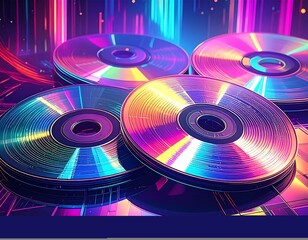 Four reflective, iridescent discs are stacked atop a reflective surface with a neon light show in the background