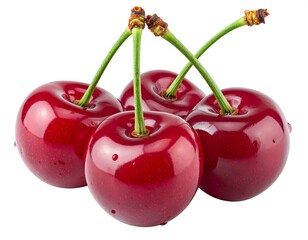 Four ripe cherries are shown close-up, showcasing their vibrant red color. They have green stems with small droplets of water