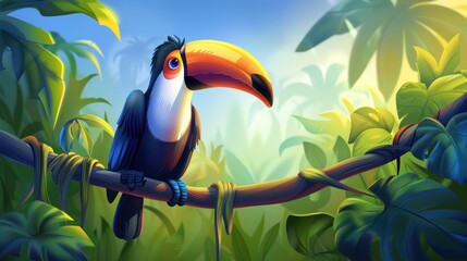 Colorful Toucan Sitting on Tree Branch in Lush Jungle Scene