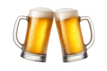 Two mugs of golden beer with white foam raising a toast. Refreshment and celebration on a transparent background
