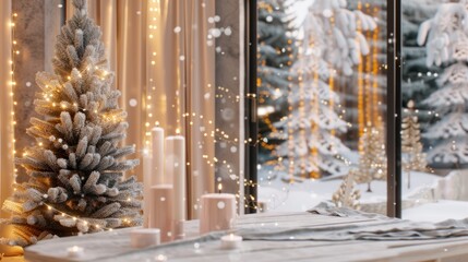 Cozy Christmas Decor with Frosted Trees and Warm Candles Near Snowy Landscape