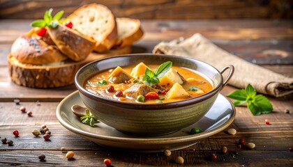 A hearty stew with bread, herbs, & spices in a rustic setting