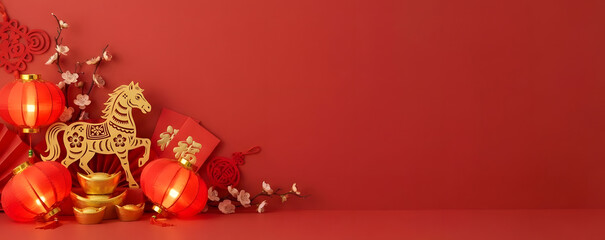 Chinese New Year decorations with golden horse and red lanterns with copy space