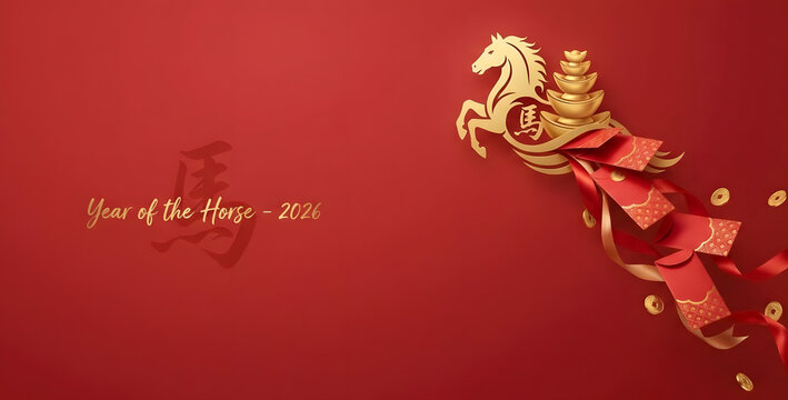 Premium Lunar New Year 2026 banner featuring a golden horse silhouette, flying red envelopes (angpao), and gold sycee ingots. Wide copy space for seasonal greetings or marketing promotions.