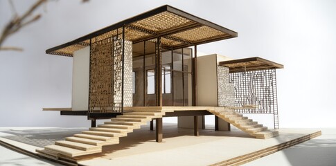 Light Brown Wooden Architectural Model Of A Modern House