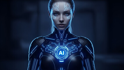 Cybernetic Woman with Glowing AI Symbol and Integrated Circuit Board Interface