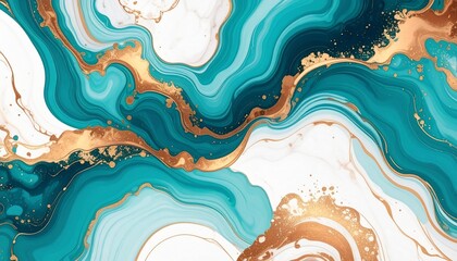 Abstract fluid art with teal, white, and gold, resembling marble or agate