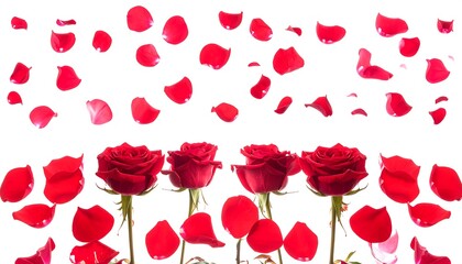 Four vibrant red roses with green stems are presented against a white backdrop. Scattered petals add a touch of romance