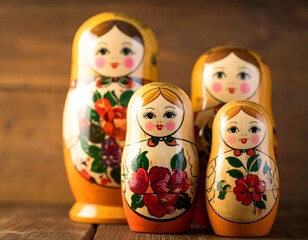 Four vibrantly painted nesting dolls stand on a wooden surface, showcasing traditional art. The figures vary in size and design