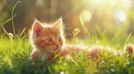 Cute Orange Kitten Resting in Sunlit Green Grass During Golden Hour