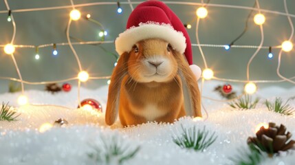 Cute Rabbit Wearing Santa Hat Sitting in Snow with Christmas Lights and Decorations