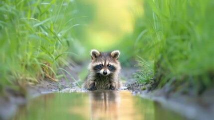 Obraz premium Cute Raccoon Cub Wading in Stream Surrounded by Green Tall Grass in Natural Setting