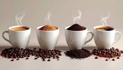 Four white ceramic mugs showcase different forms of coffee, from brewed liquid to coarse grounds, with roasted beans arranged below