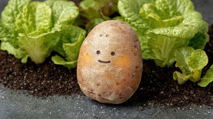Cute Potato with Smile Face Sitting in Soil Among Green Lettuce Leaves