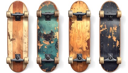 Four worn, aged skateboards, each with a unique wood grain and distressed paint effect. Each has black trucks and golden wheels