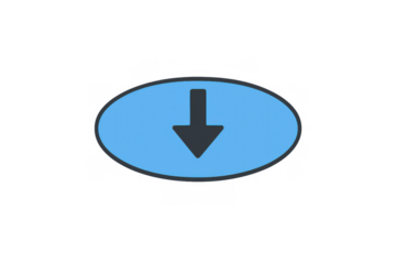 Down arrow icon in blue oval button representing download, decrease, or pointing direction with transparent background