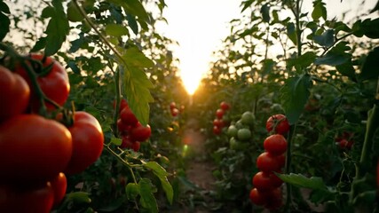 Ripe red tomatoes growing in vibrant clusters along a narrow farm row, beautifully backlit by the golden sunset in the agricultural field.