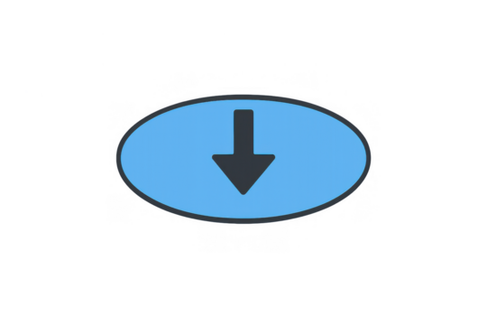Down arrow icon in blue oval button representing download, decrease, or pointing direction with transparent background - Powered by Adobe