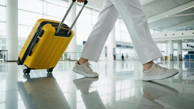 Low angle view of a woman walking with her bright yellow rolling suitcase through a spacious and modern airport terminal, her reflection visible on the glossy floor as she heads to her flight