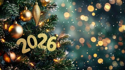 Decorative Christmas Tree with Gold Ornaments and 2026 Sign Festive Holiday Background