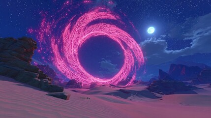 Pink Glowing Portal In Desert Landscape