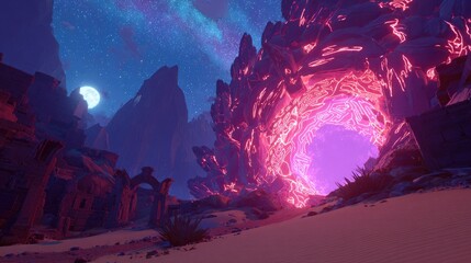 Pixelated Glowing Portal Through Pink Rocks At Night