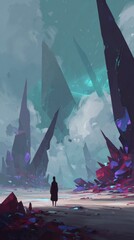 Pixel Art Fantasy Landscape With Figure