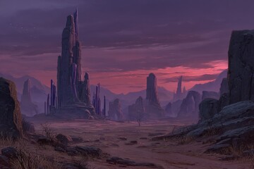 Futuristic Desert Landscape With Towering Structure At Sunset