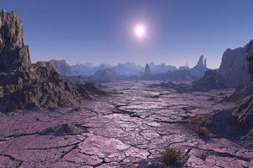 Pink Desert Landscape With Mountains Under Bright Sunlight