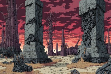 Post Apocalyptic Pixel Art Landscape At Dusk