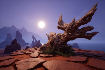 Pixelated Desert Landscape With Dramatic Tree