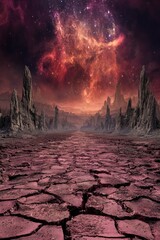 Alien Desert Landscape With Cracked Ground And Pink Nebula