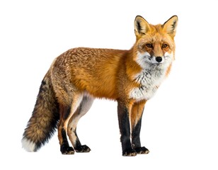 Full-body studio portrait of a reddish-orange canine mammal with black legs and a fluffy tail, standing against a white backdrop