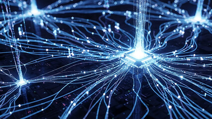 Fototapeta premium A futuristic network of glowing blue lines and nodes against a dark background