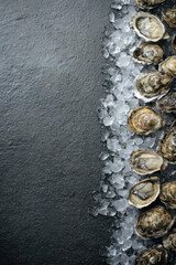 Oysters on crushed ice on dark blue textured surface