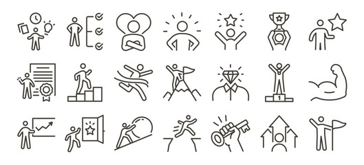 Fototapeta premium Success, achievement and business leadership line icon set. Career growth, motivation and personal development vector symbols. Winning, goal setting, victory editable stroke outline icons.