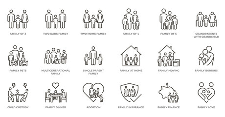 Family icon set. Thin line vector illustration with editable stroke.