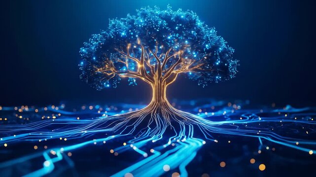 Digital tree with glowing lights represents network connections and technological advancement.