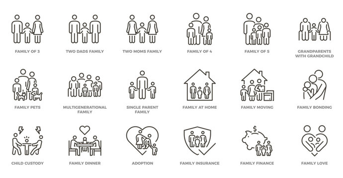 Family icon set. Thin line vector illustration with editable stroke.