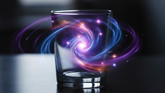 Glass with a swirling cosmic entity inside, glowing with celestial colors.