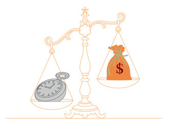 Time is money or the concept of saving time: Dollar bills or cash in a burlap sack and an antique clock on a scale, depict the importance of time and money that everyone must balance.