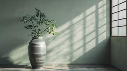Elegant Green Plant in Large Ceramic Vase Inside Sunlit Minimalist Room