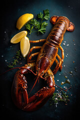 Lobster with lemon and herbs on dark board