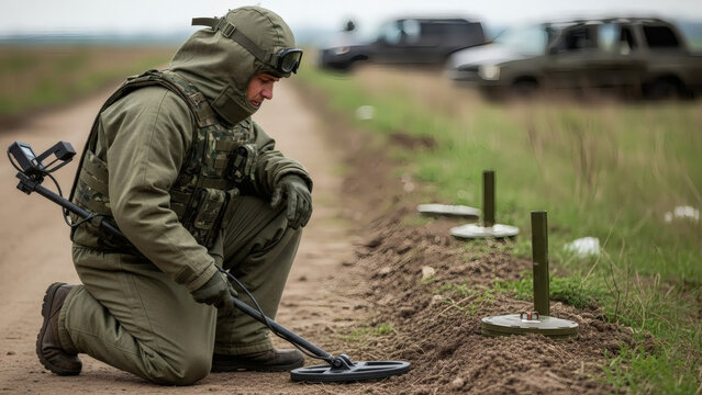 A sapper in a full protective suit kneels at the edge of a dirt road. He slowly, with utmost concentration, moves the probe of a metal detector over the ground. His face, covered in sweat, is tense, h